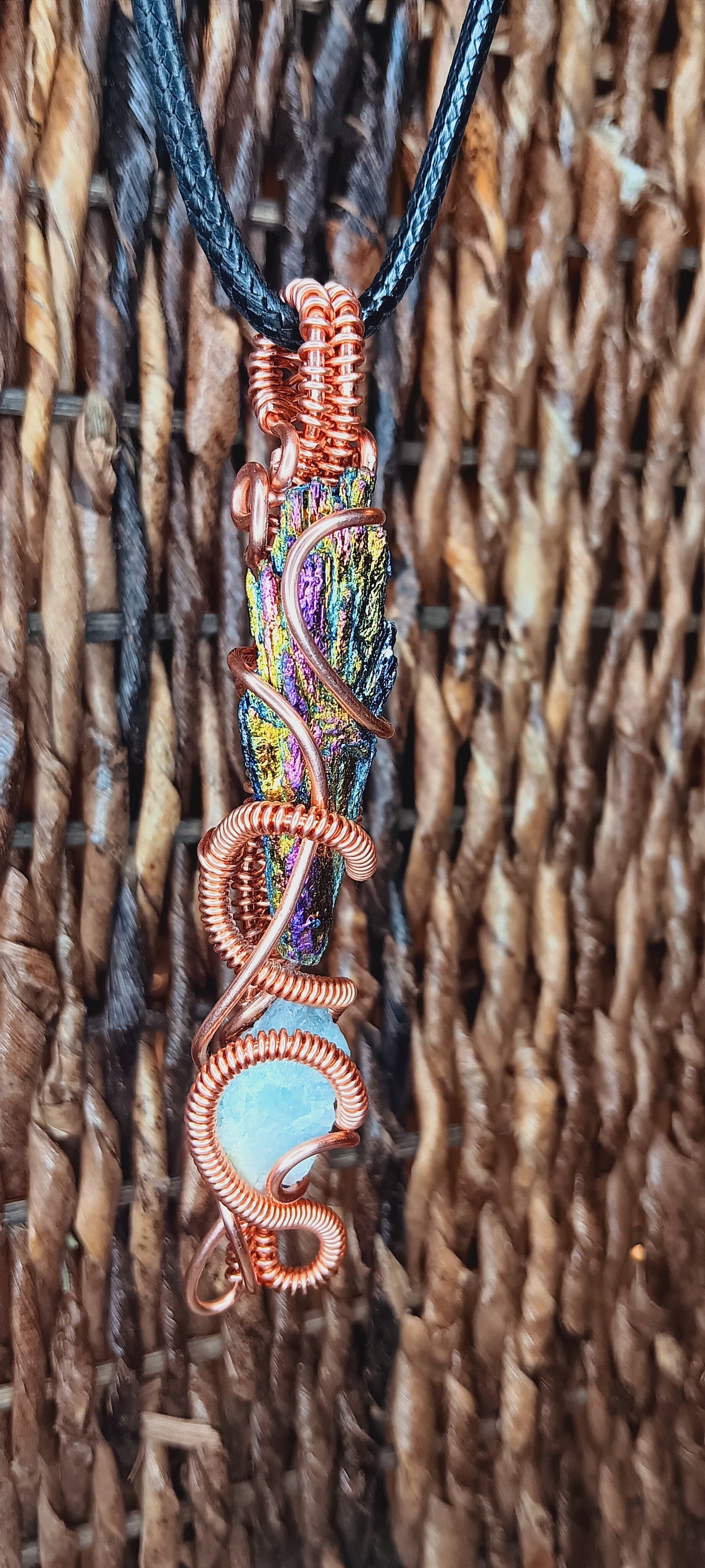 Copper Wire Wrapped Titanium Rainbow Aura and Black Kyanite Combination