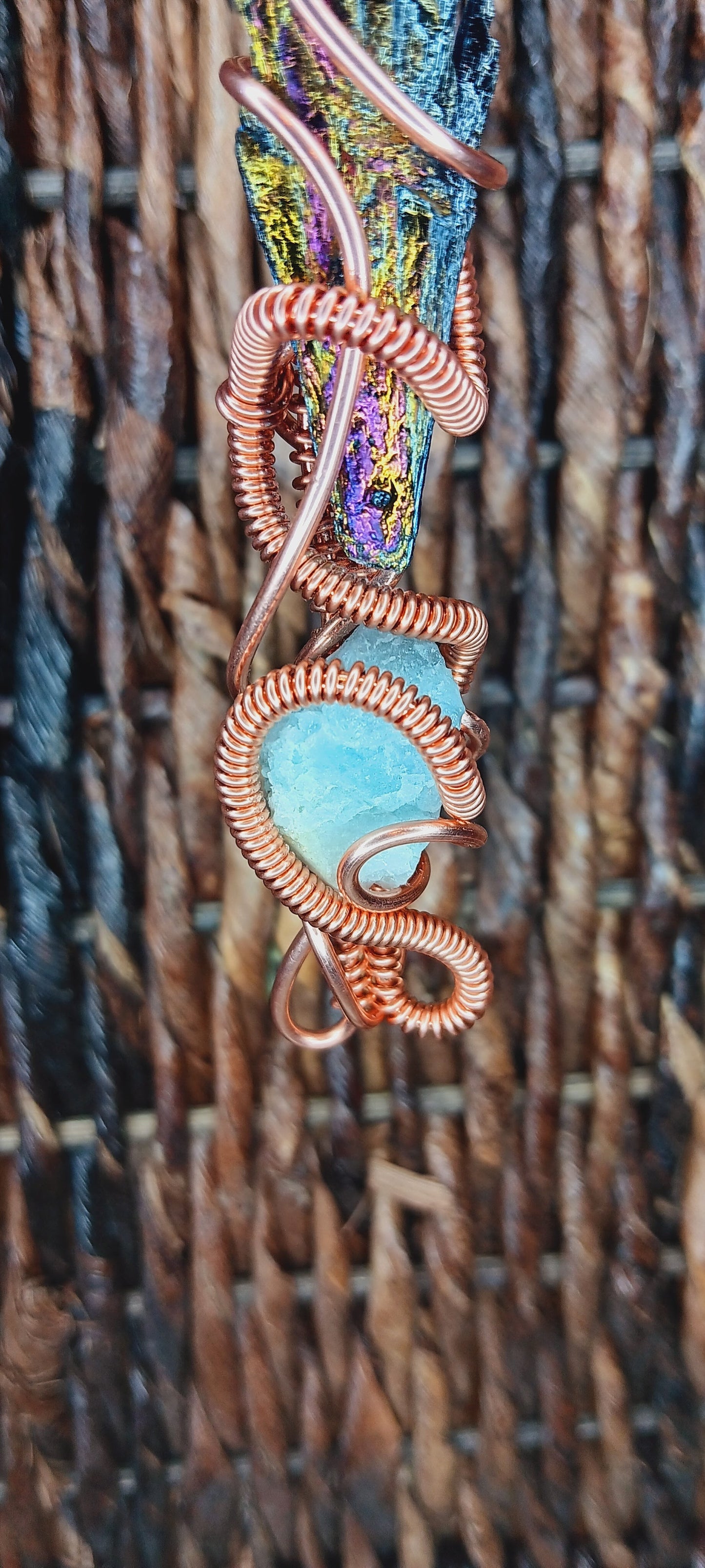 Copper Wire Wrapped Titanium Rainbow Aura and Black Kyanite Combination