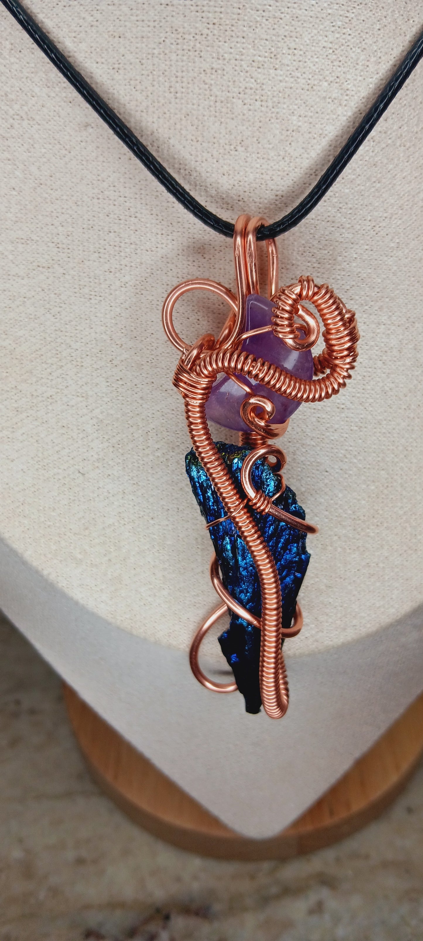 Amethyst moon paired with Rainbow Aura/Titanium Black Kyanite/Copper Wire Wrapped Pendant