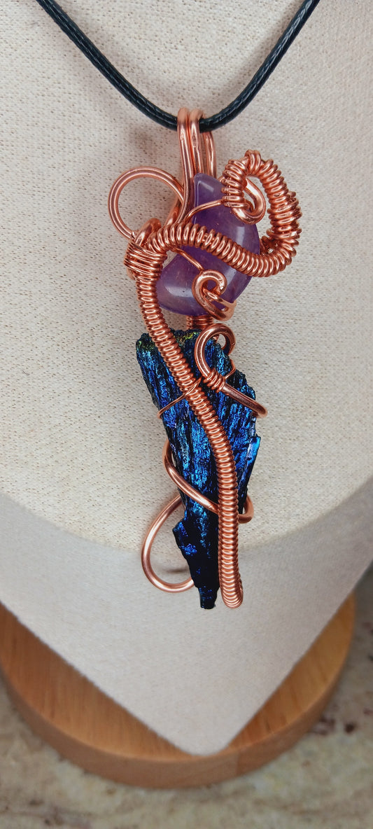 Amethyst moon paired with Rainbow Aura/Titanium Black Kyanite/Copper Wire Wrapped Pendant