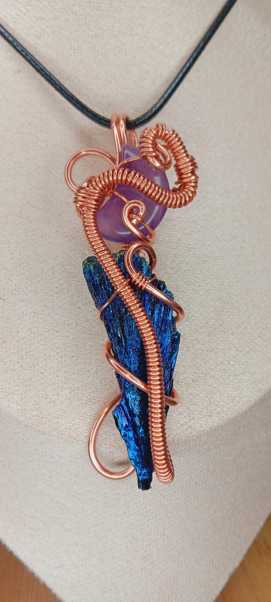 Amethyst moon paired with Rainbow Aura/Titanium Black Kyanite/Copper Wire Wrapped Pendant