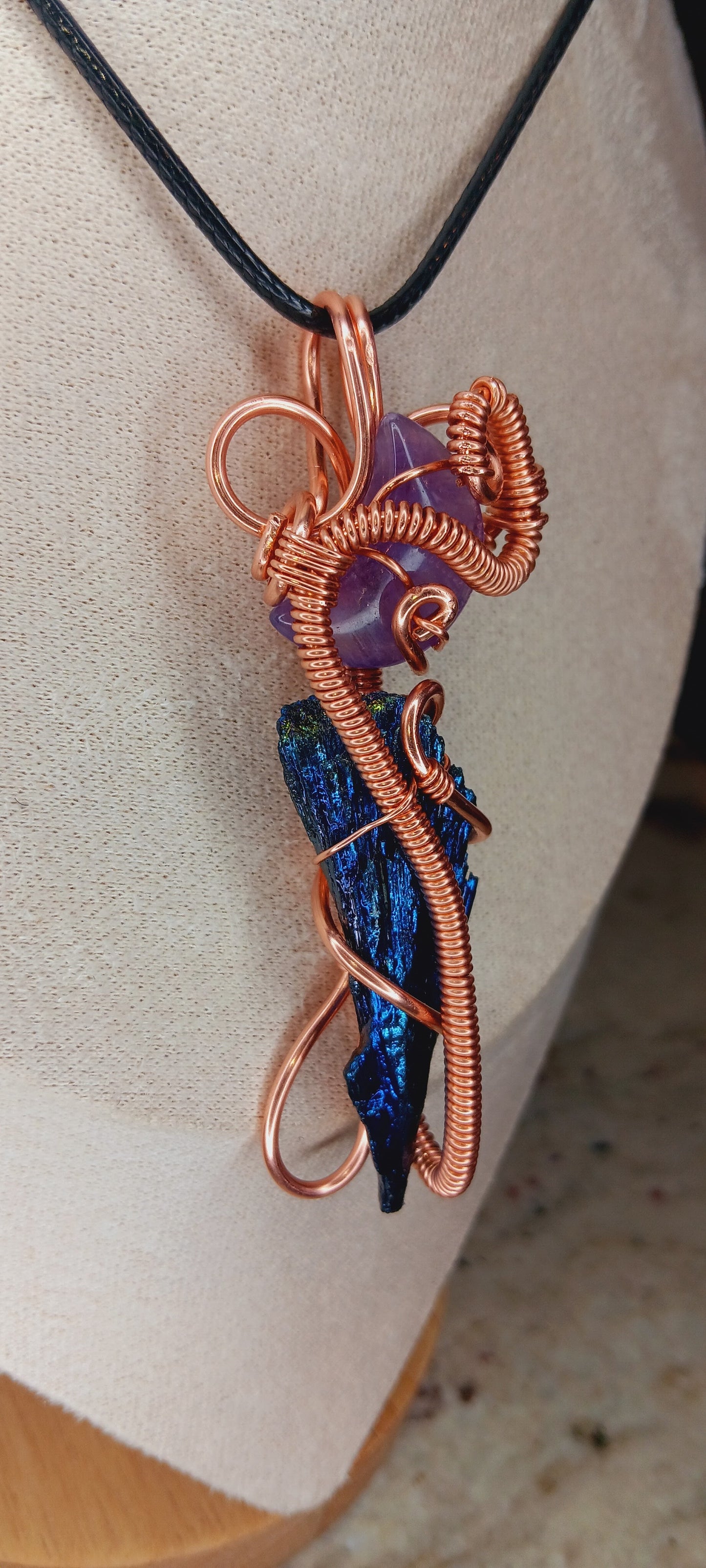 Amethyst moon paired with Rainbow Aura/Titanium Black Kyanite/Copper Wire Wrapped Pendant