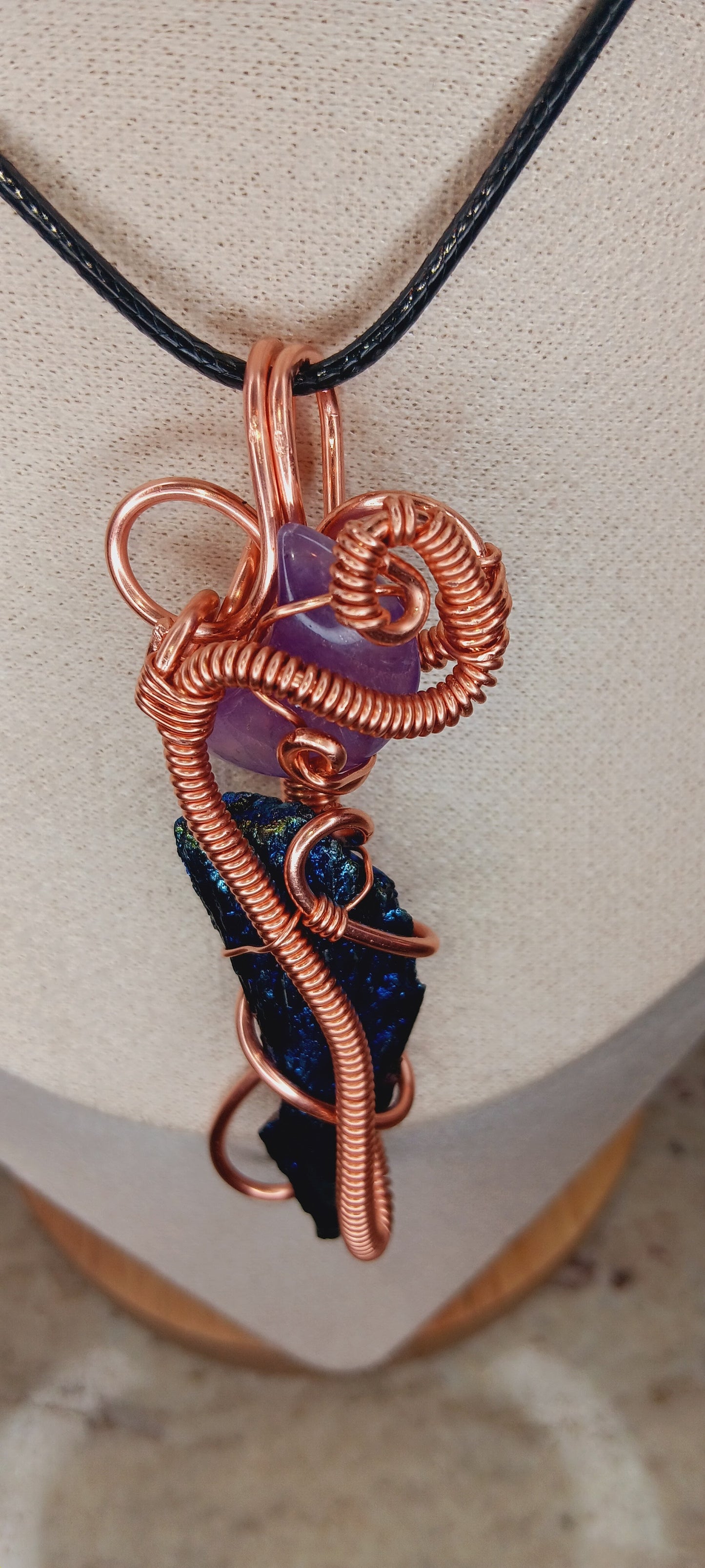 Amethyst moon paired with Rainbow Aura/Titanium Black Kyanite/Copper Wire Wrapped Pendant