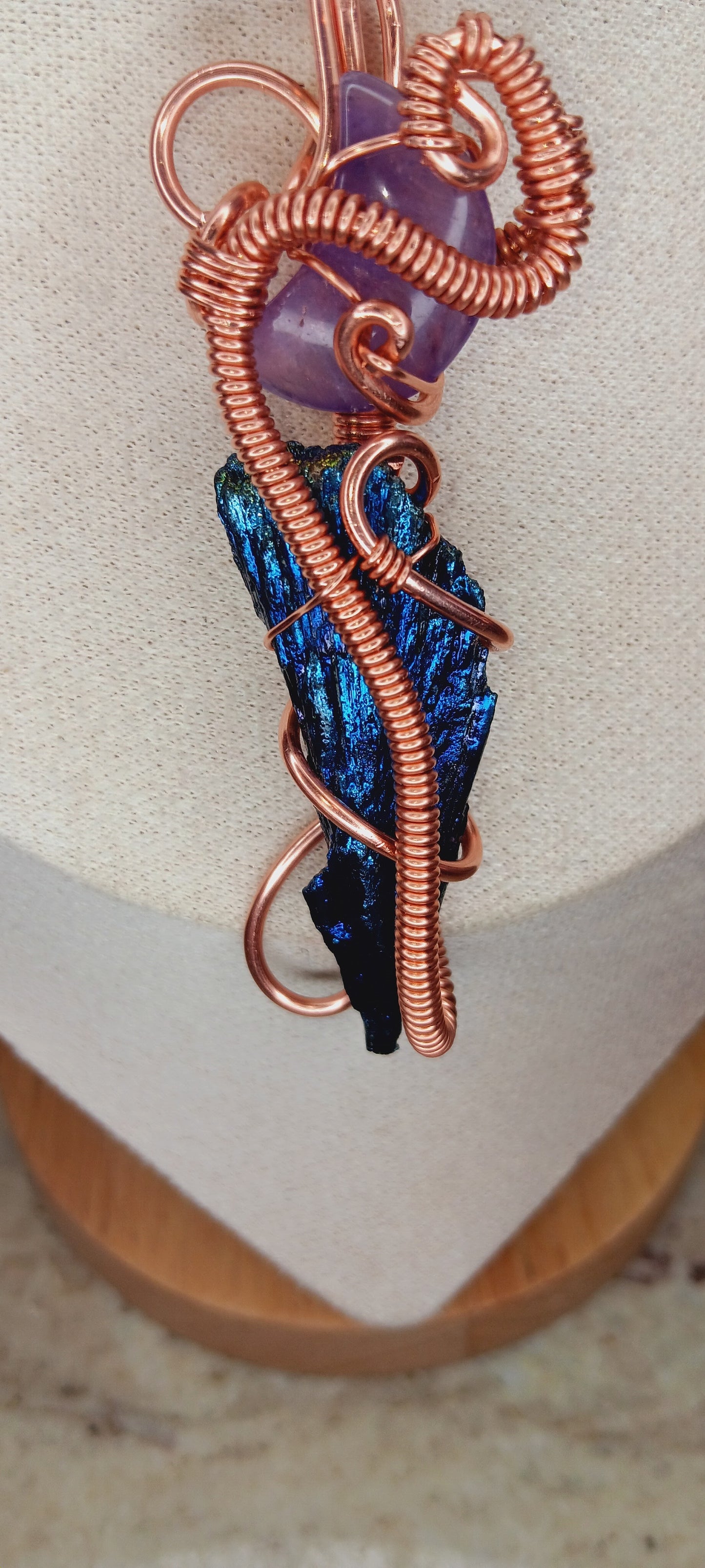 Amethyst moon paired with Rainbow Aura/Titanium Black Kyanite/Copper Wire Wrapped Pendant