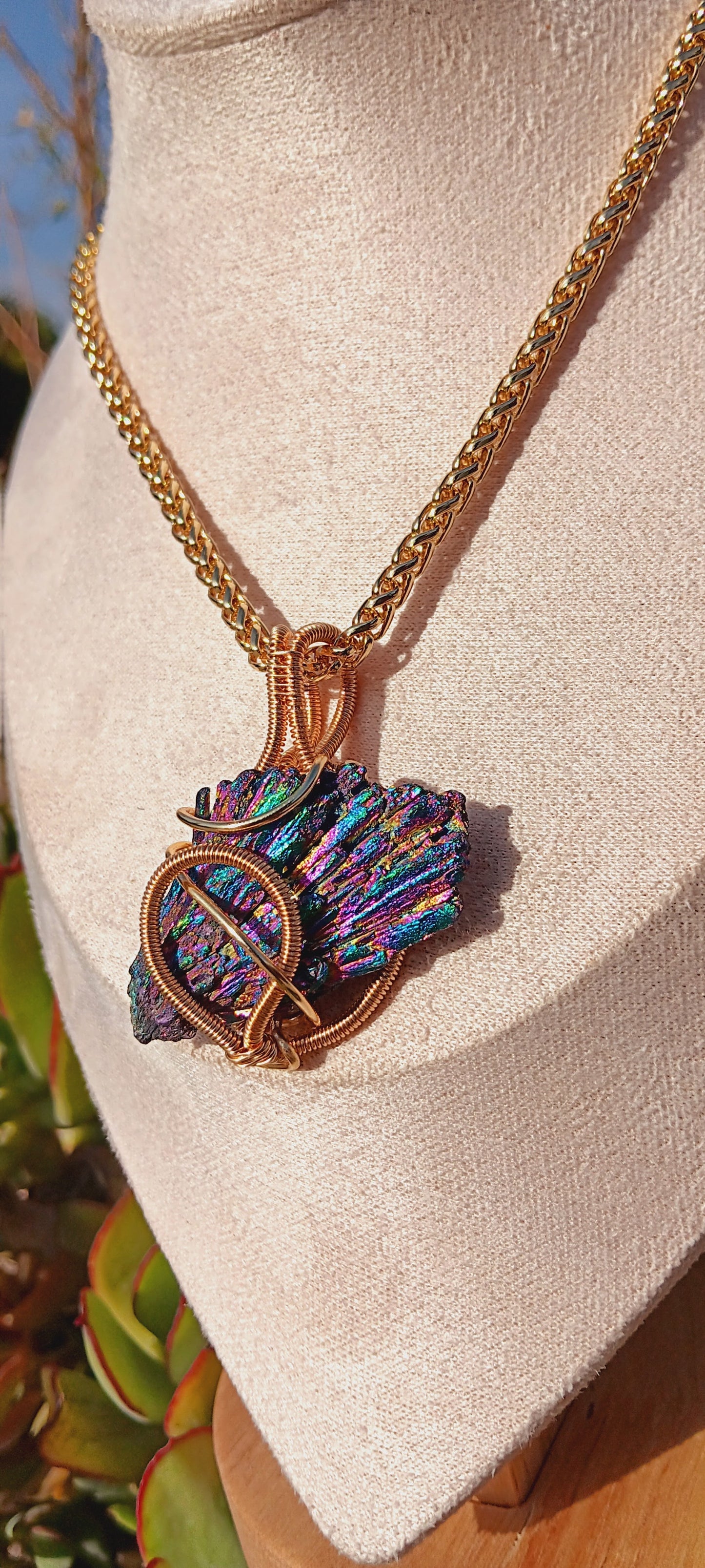 "Direction" Titanium Black Kyanite/ Rainbow Aura Wire Wrapped Stone