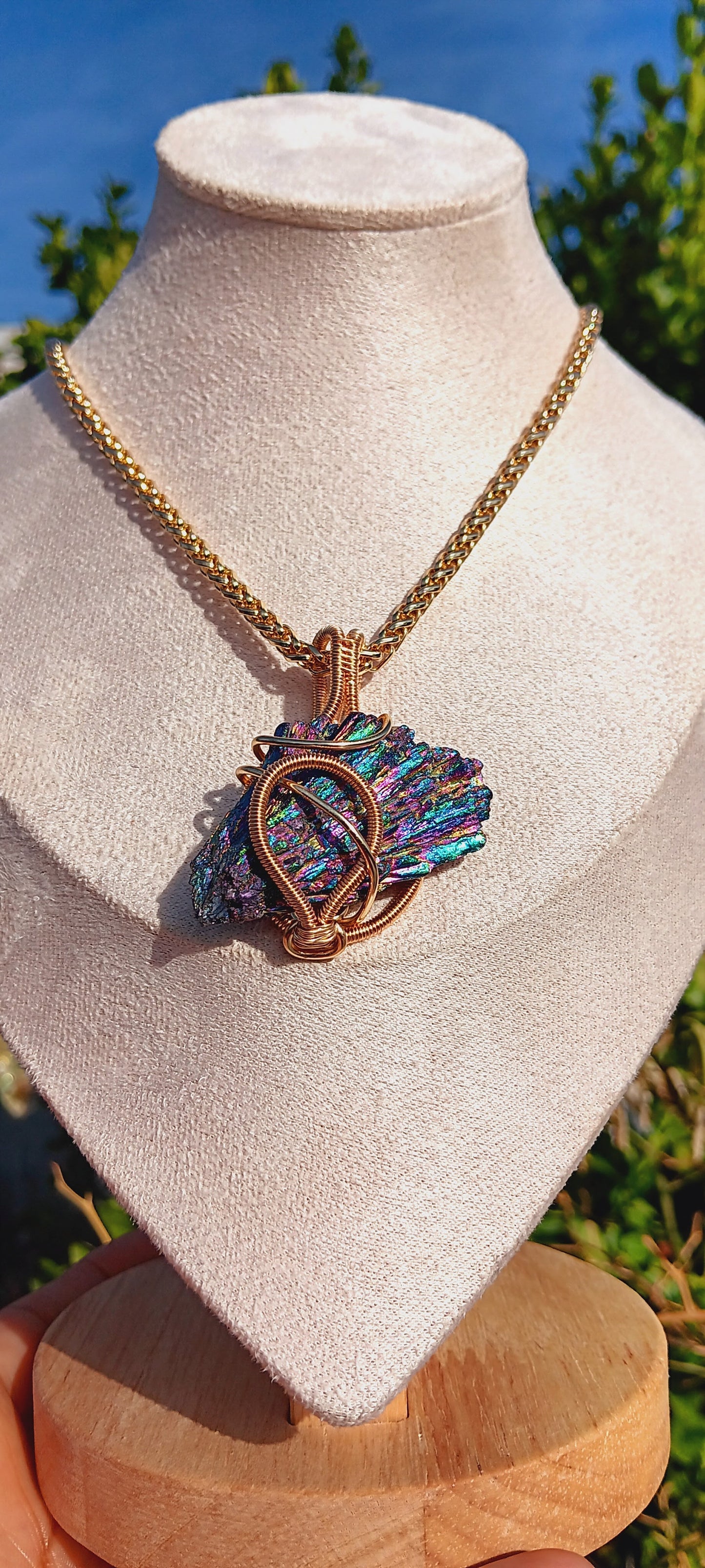 "Direction" Titanium Black Kyanite/ Rainbow Aura Wire Wrapped Stone