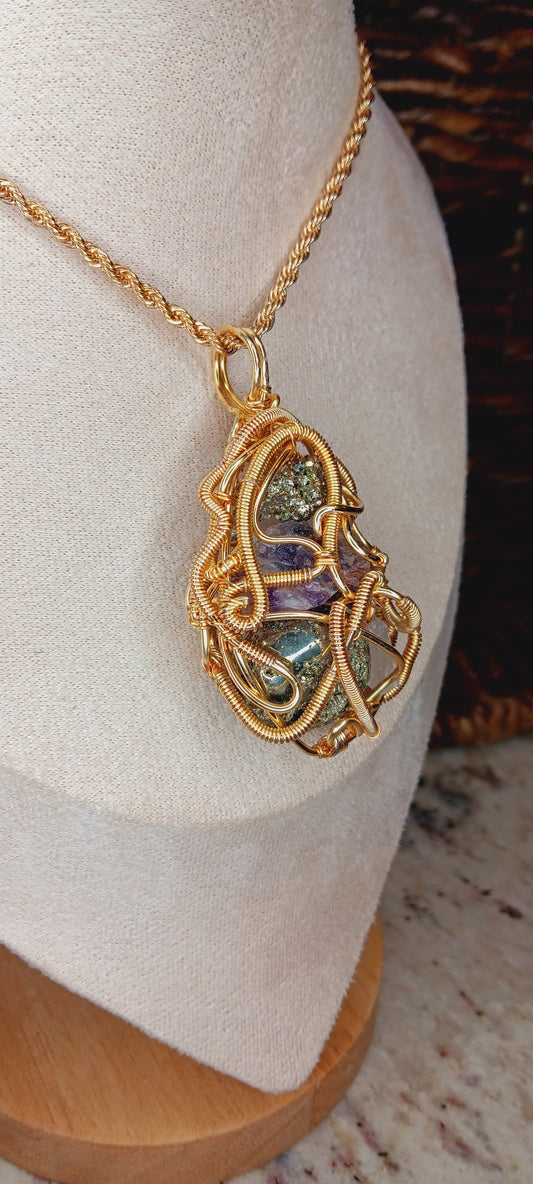 "Root" Wire Wrapped Raw Amethyst, Clear Quartz, Pyrite,Selenite Combination Pendant