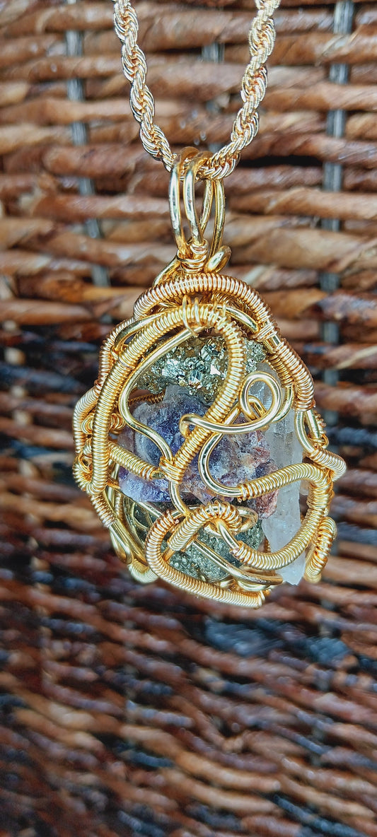 "Root" Wire Wrapped Raw Amethyst, Clear Quartz, Pyrite,Selenite Combination Pendant