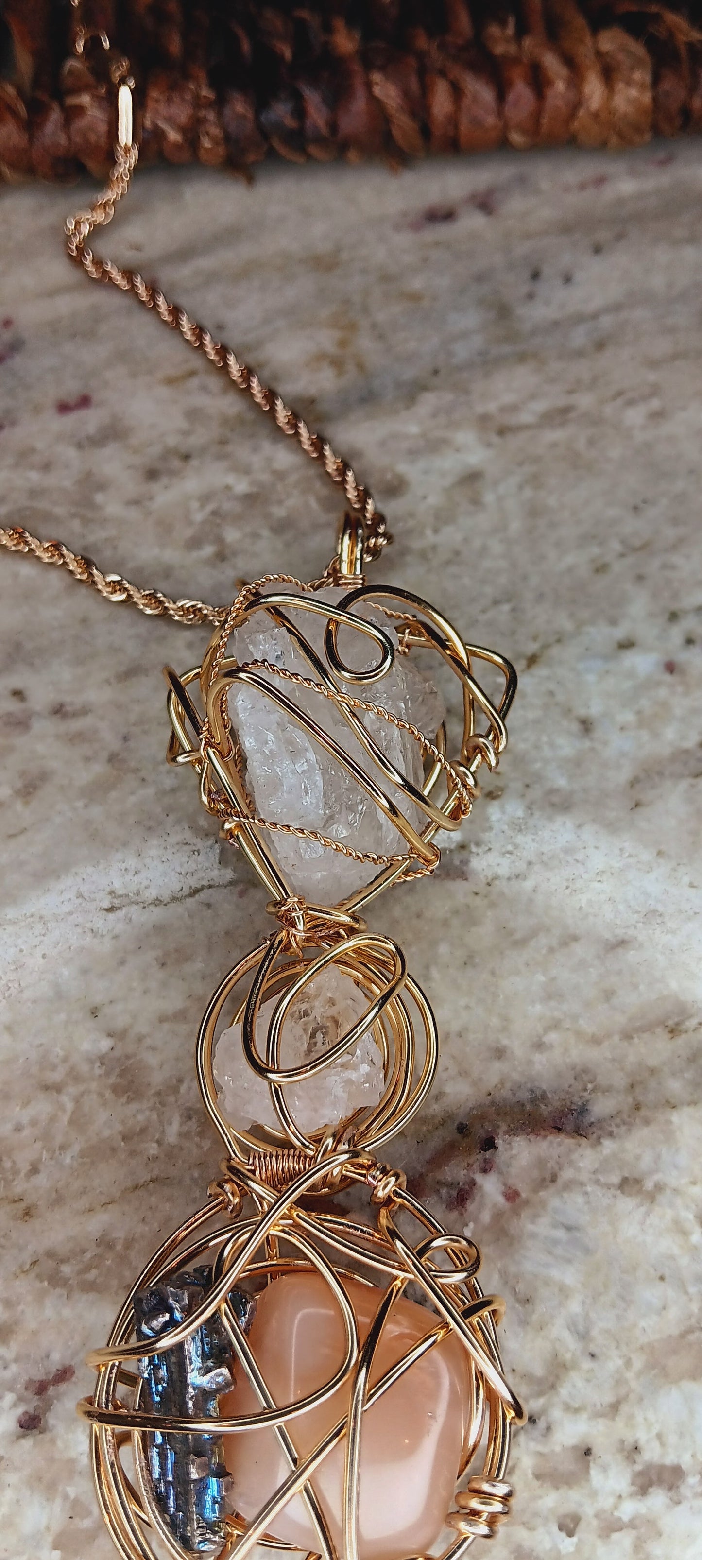 "Harmonize" - Peach Moonstone, Bismuth, Quartz Combination Pendant