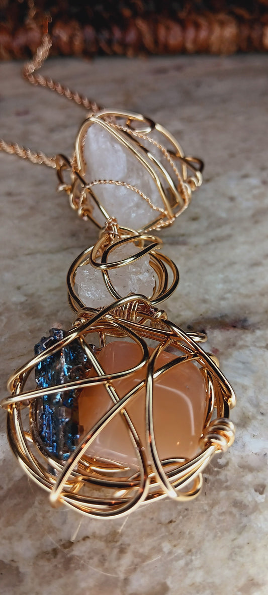 "Harmonize" - Peach Moonstone, Bismuth, Quartz Combination Pendant