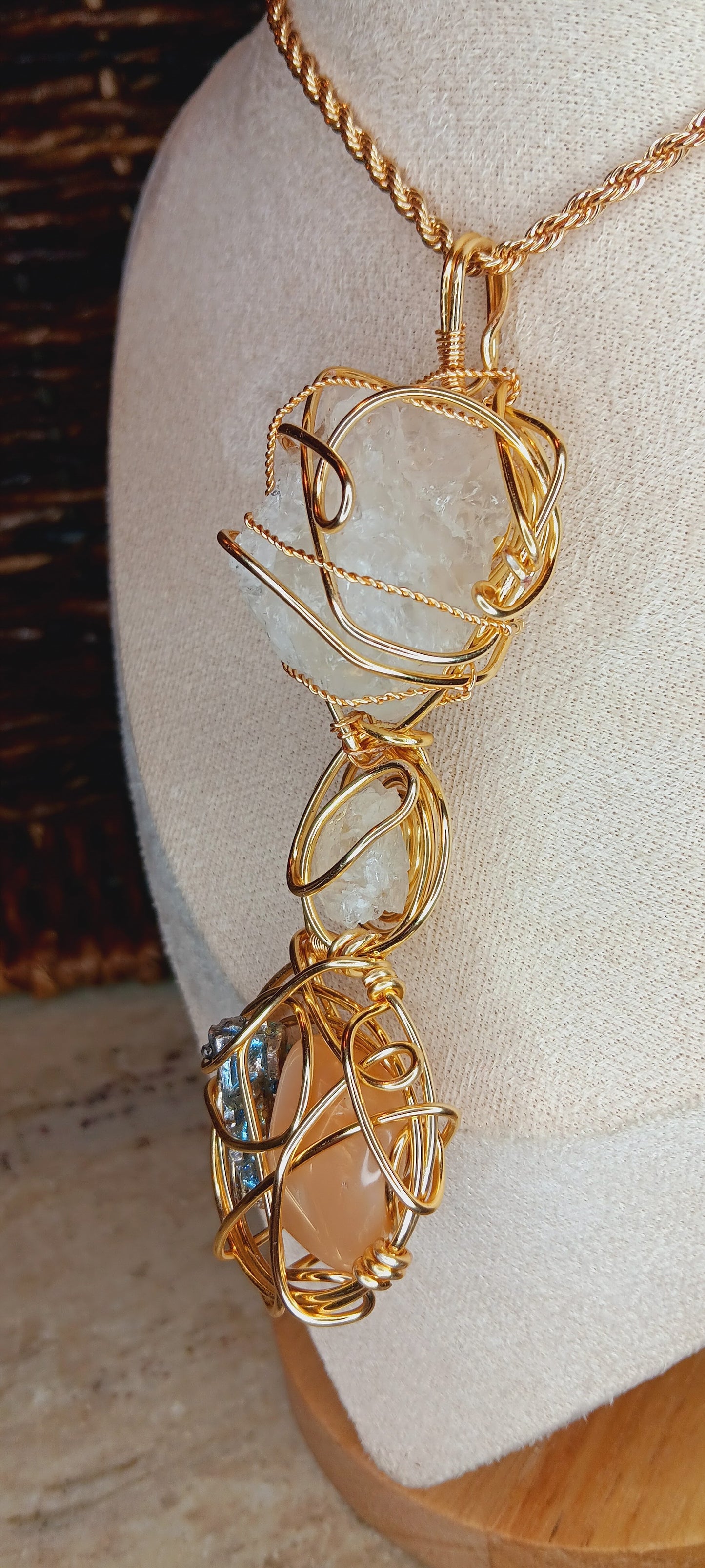 "Harmonize" - Peach Moonstone, Bismuth, Quartz Combination Pendant