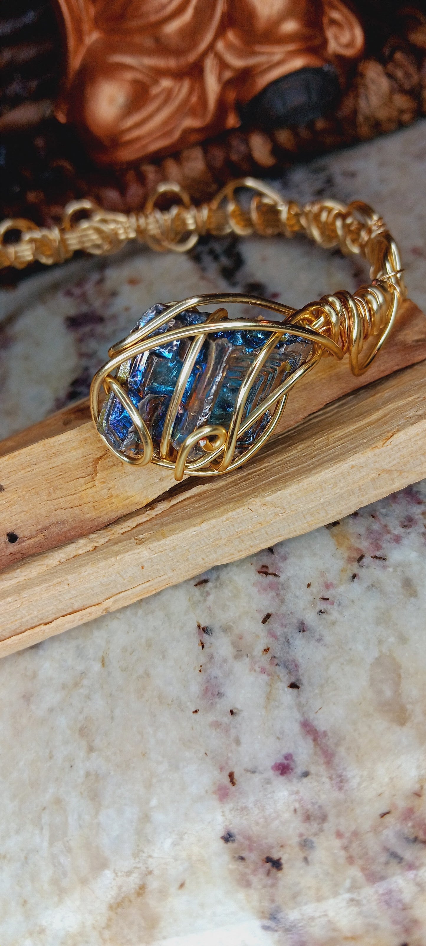 Rose Quartz and Bismuth Wire Wrapped Arm Cuff