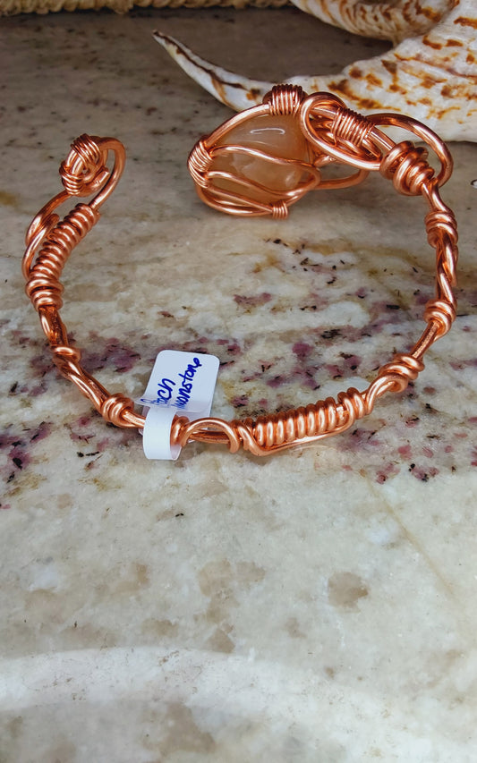 Handmade Copper Wire-Wrapped Bracelet with Peach Moonston