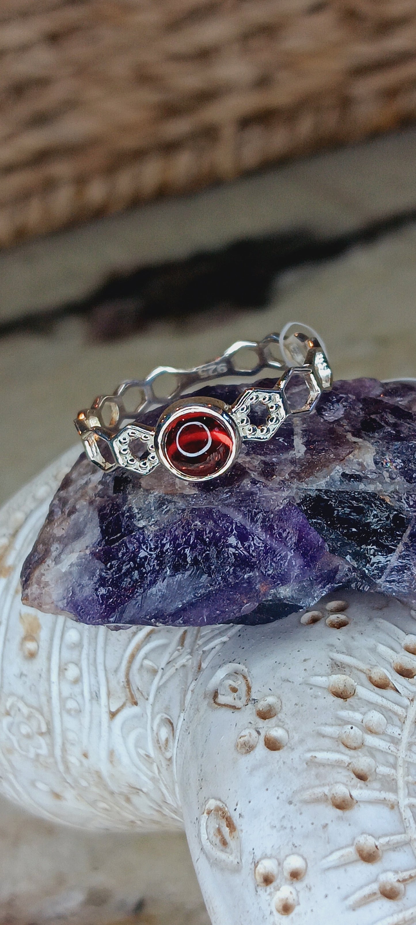 Genuine Round Polished Red Garnet Ring in .925 Sterling Silver