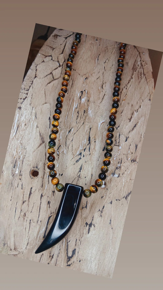 "Self-confidence" Tiger's Eye Beaded Necklace with Black Agate Tooth