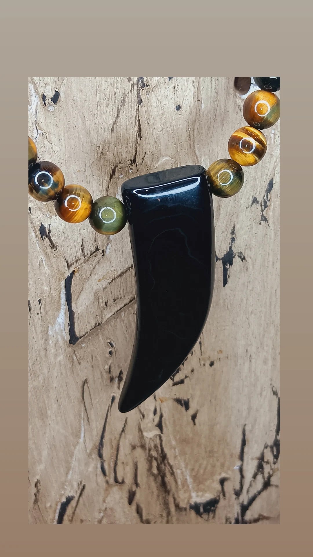 "Self-confidence" Tiger's Eye Beaded Necklace with Black Agate Tooth