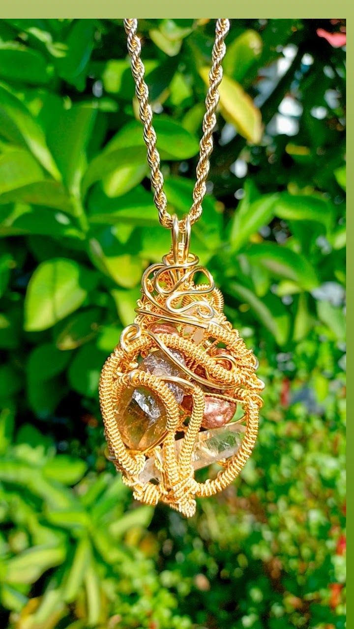 Copper Nugget, Smoky Quartz Point, Clear Quartz Combination Pendant "Flow"
