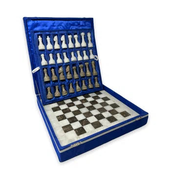 16" Smokey Grey and White Marble Stone Chess Set