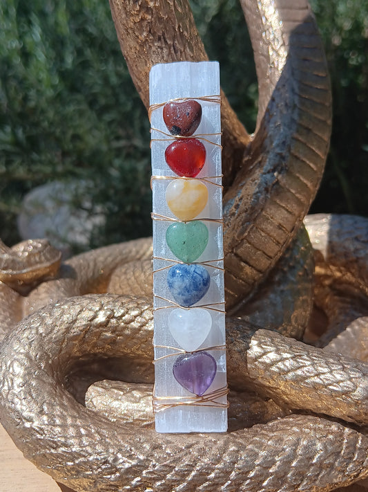 Selenite Stick with 7 Chakra Crystal Heart Stones