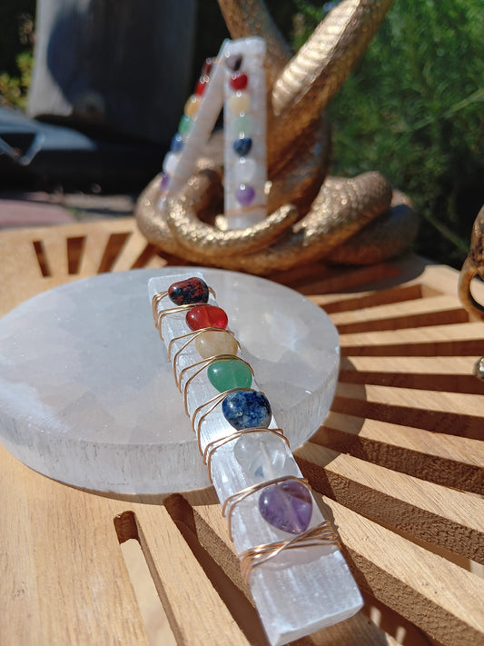 Selenite Stick with 7 Chakra Crystal Heart Stones